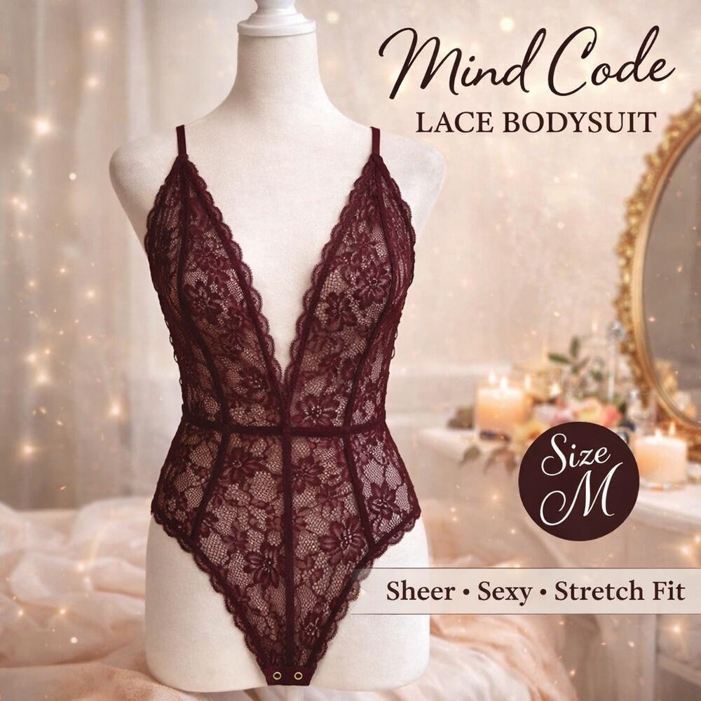 Mind Code Burgundy Lace Bodysuit M Sheer Deep V Lingerie Adjustable Straps